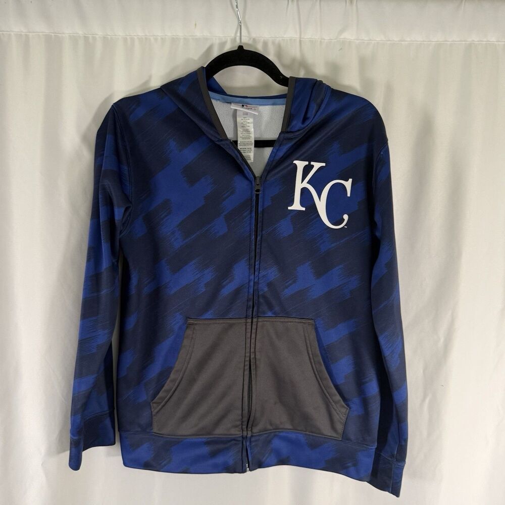 Kansas City Royals Jacket Youth Medium 10/12 Blue Full Zip Hooded Fleece Lined